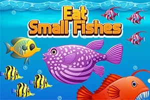 Barevné ryby plavoucí pod vodou s nápisem Eat Small Fishes nahoře