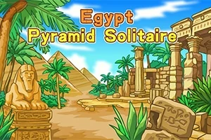 Kreslený obrázek s egyptskou krajinou, starověkými monumenty a pyramidou na pozadí
