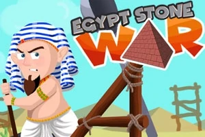 Kreslená postava s pruhovaným turbánem a plnovousem stojí vedle katapultu na pozadí s pyramidou a nápisem