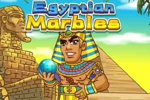 Faraon držící modrou kouli před pyramidou a Sfingou s nápisem Egyptian Marbles nahoře