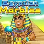 Faraon držící modrou kouli před pyramidou a Sfingou s nápisem Egyptian Marbles nahoře