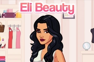 Animovaná postava s dlouhými černými vlasy v interiéru s šatní skříní a nápisem Eli Beauty nahoře