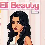 Animovaná postava s dlouhými černými vlasy v interiéru s šatní skříní a nápisem Eli Beauty nahoře