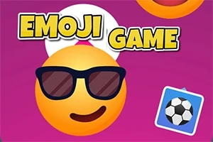 Usmívající se emoji se slunečními brýlemi na růžovém pozadí s textem EMOJI GAME a ikonou fotbalového míče