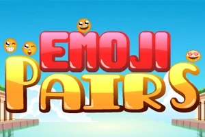Barevný nápis Emoji Pairs s různými emotikony na modrém pozadí s oblaky
