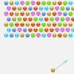 Barevné smajlíky uspořádané v řadách na šedém pozadí s jedním smajlíkem dole a směrovou šipkou nahoru