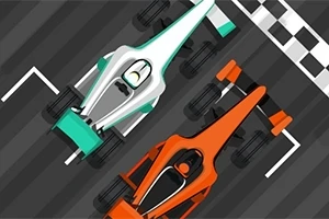 Dvě závodní formule, bílá a oranžová, na startovní čáře závodní dráhy
