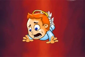 Animovaný andílek s vystrašeným výrazem padá na pozadí s červenými odstíny