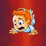 Animovaný andílek s vystrašeným výrazem padá na pozadí s červenými odstíny
