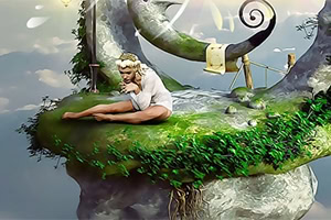 Osamocená postava sedí na levitujícím kusu země obklopeném mechem a vegetací s fantasy pozadím