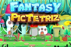 Barevná pohádková krajina s čarovnými domky a nápisem Fantasy PicTetriz uprostřed