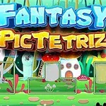 Barevná pohádková krajina s čarovnými domky a nápisem Fantasy PicTetriz uprostřed