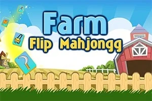 Název Farm Flip Mahjongg na pozadí s venkovskou farmou, plotem a červenou stodolou