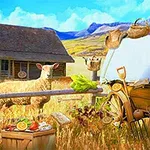 Venkovská scenérie s ovcí na farmě, dřevěnou stodolou v pozadí, senem, košíky zeleniny a nástroji v popředí