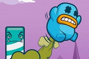 Modrá kreslená postava s vyděšeným výrazem skáče přes zelenou překážku na fialovém pozadí