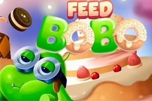 Zelený kreslený drak s brýlemi před dortem se slovy Feed Bobo zobrazenými nahoře