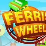 Barevná ilustrace nápisu Ferris Wheel před pozadím s ruským kolem a stánky na pouti