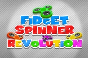 Barevný nápis Fidget Spinner Revolution s několika barevnými fidget spinnery na šedém pruhovaném pozadí