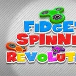 Barevný nápis Fidget Spinner Revolution s několika barevnými fidget spinnery na šedém pruhovaném pozadí