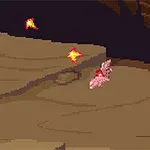 Pixelová grafika s postavou na létajícím stvoření a ohnivými koulemi v jeskynním prostředí