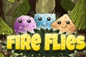 Tři roztomilé barevné postavičky s úsměvem stojí před lesním pozadím s nápisem Fire Flies ve spodní části