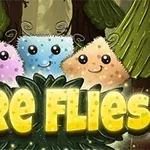 Tři roztomilé barevné postavičky s úsměvem stojí před lesním pozadím s nápisem Fire Flies ve spodní části