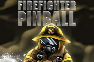 Hasič v žluté helmě a masce uprostřed kouřového pozadí s nápisem Firefighter Pinball
