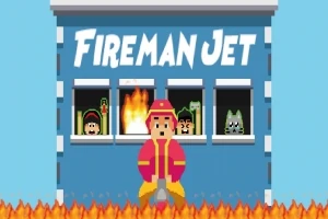 Hasič v červené uniformě stojí před budovou s třemi okny, za kterými jsou vidět postavy a plameny, nápis Fireman Jet nahoře