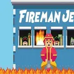 Hasič v červené uniformě stojí před budovou s třemi okny, za kterými jsou vidět postavy a plameny, nápis Fireman Jet nahoře