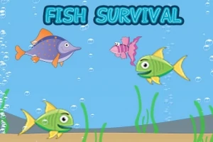 Barevné ryby plavou v podmořském prostředí s bublinkami a nápisem FISH SURVIVAL nahoře
