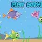 Barevné ryby plavou v podmořském prostředí s bublinkami a nápisem FISH SURVIVAL nahoře