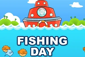 Červená loď na moři s nápisem Fishing Day a rybami plovoucími pod hladinou