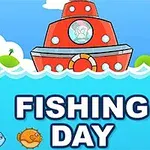 Červená loď na moři s nápisem Fishing Day a rybami plovoucími pod hladinou