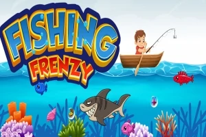 Chlapec v pramici rybaří na moři obklopen barevnými rybami a žralokem, s textem Fishing Frenzy