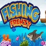 Chlapec v pramici rybaří na moři obklopen barevnými rybami a žralokem, s textem Fishing Frenzy