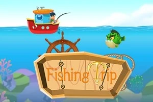 Červená loď s rybářem na modrém oceánu vedle zelené ryby s nápisem „Fishing Trip“ na dřevěném ceduli