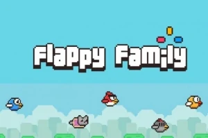 Barevné pixely ptáků a kočky na modrém pozadí s nápisem Flappy Family