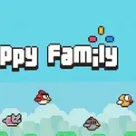 Barevné pixely ptáků a kočky na modrém pozadí s nápisem Flappy Family