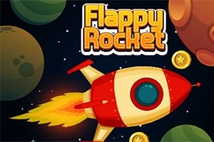 Barevná raketa letící vesmírem mezi planetami a zlatými mincemi na tmavém pozadí, s nápisem Flappy Rocket