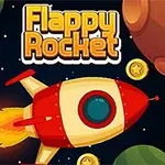 Barevná raketa letící vesmírem mezi planetami a zlatými mincemi na tmavém pozadí, s nápisem Flappy Rocket