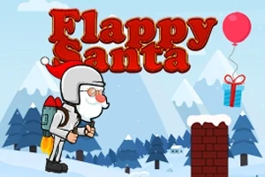 Santa v bílém skafandru s raketovým batohem letí nad zasněženou krajinou s balónkem a dárkem ve vzduchu