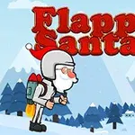 Santa v bílém skafandru s raketovým batohem letí nad zasněženou krajinou s balónkem a dárkem ve vzduchu