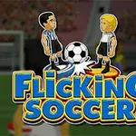 Dvě kreslené postavičky v dresu stojí proti sobě s fotbalovým míčem mezi nimi, s nápisem Flicking Soccer v popředí