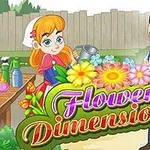 Dívka s konví a muž s motýlkem stojí vedle nápisu Flower Dimensions obklopeného květinami v zahradě