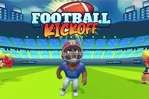 Kreslená postava v americkém fotbalovém dresu a helmě na stadionu s nápisem Football Kickoff a fotbalovým míčem nahoře