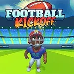 Kreslená postava v americkém fotbalovém dresu a helmě na stadionu s nápisem Football Kickoff a fotbalovým míčem nahoře