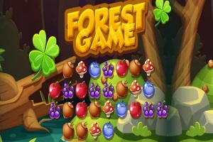Barevná lesní scéna s ovocem a houbami pod nápisem Forest Game, obklopená vegetací a stromy