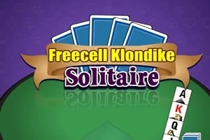 Logo karetní hry s modrými kartami a textem Freecell Klondike Solitaire na fialovém pozadí