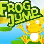 Žlutá žába s úsměvem a roztaženými končetinami sedí na leknínovém listu na modré hladině, nad kterou je nápis FROG JUMP