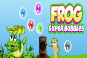 Žába s kloboukem a další žába stojící vedle dřevěného děla vystřelujícího barevné bubliny na modrém pozadí s nápisem Frog Super Bubbles